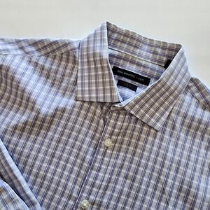John Varvatos‎ Slim Fit purple white plaid button front shirt mens size 16 34/35